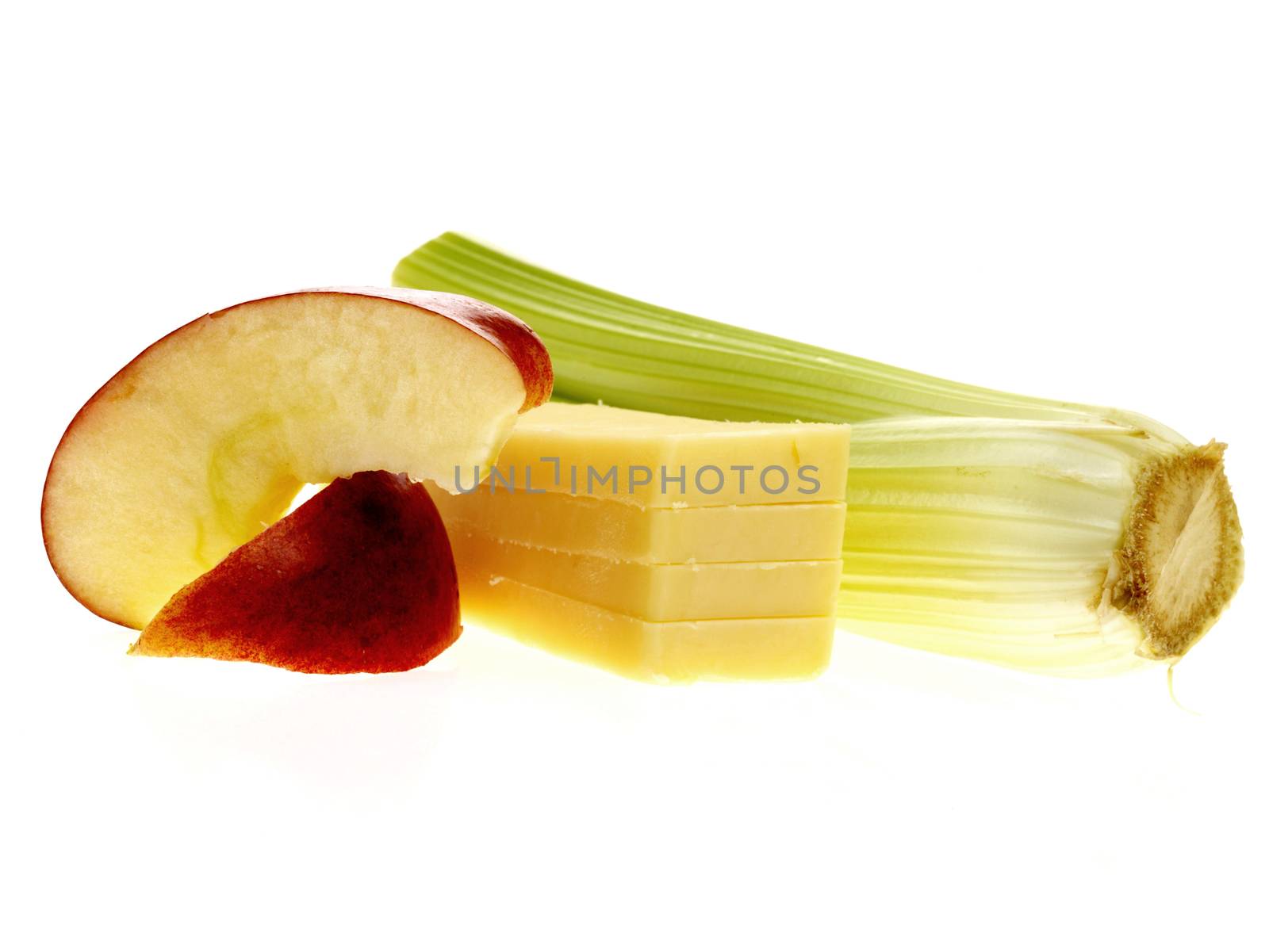 Cheese with Celery and Apple Isolated White Background