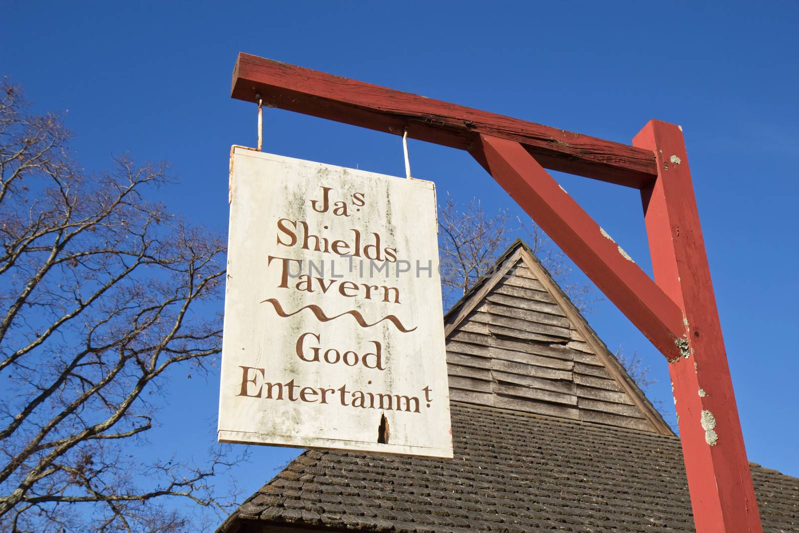 WILLIAMSBURG, VIRGINIA - NOVEMBER 27: Sign for Shields Tavern in Colonial Williamsburg, Virginia, November 27, 2011. The restored town is a major attraction for tourists and meetings of world leaders.
