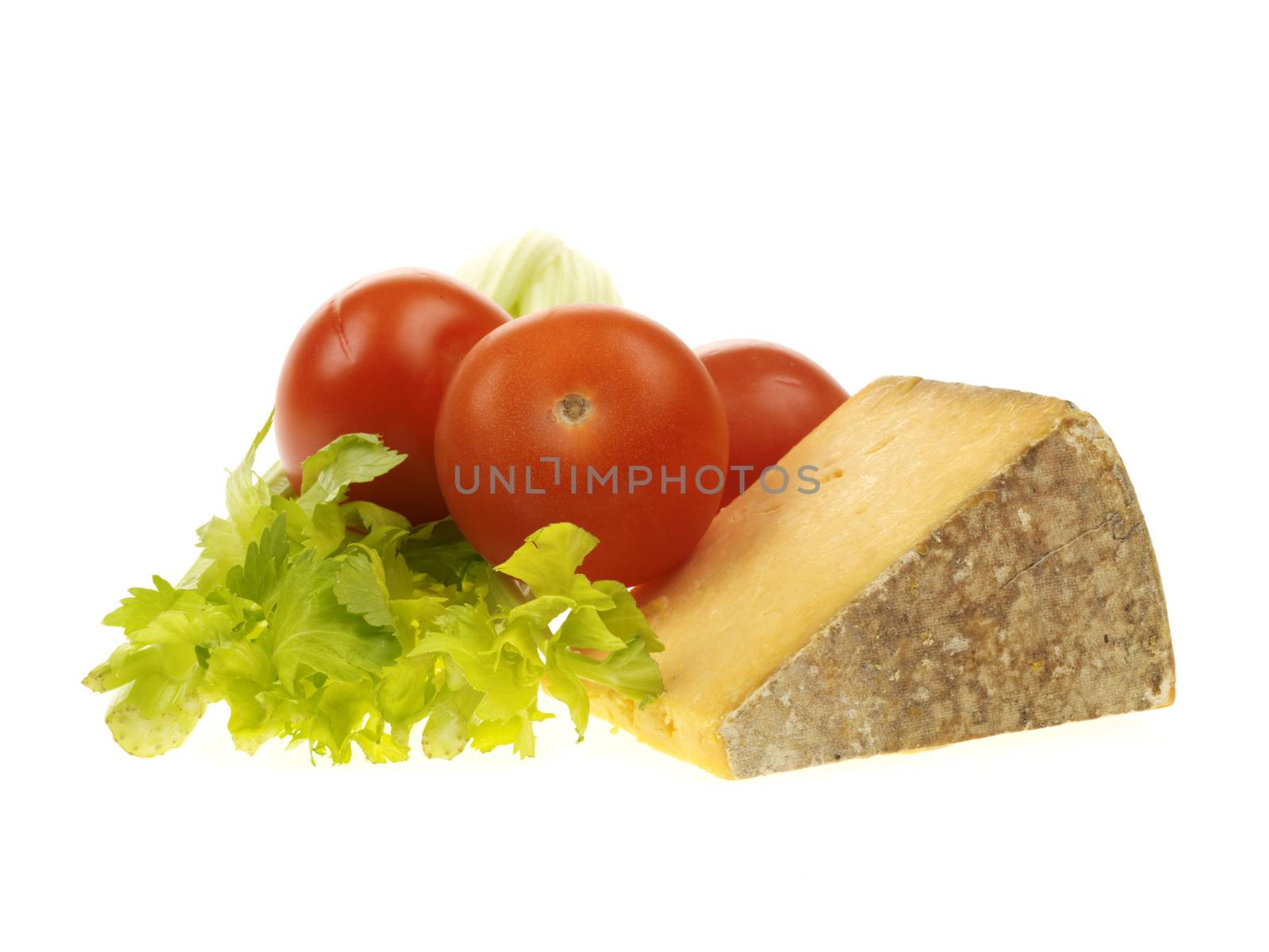 Cheshire Cheese with Celery and Tomatoes isolated white background