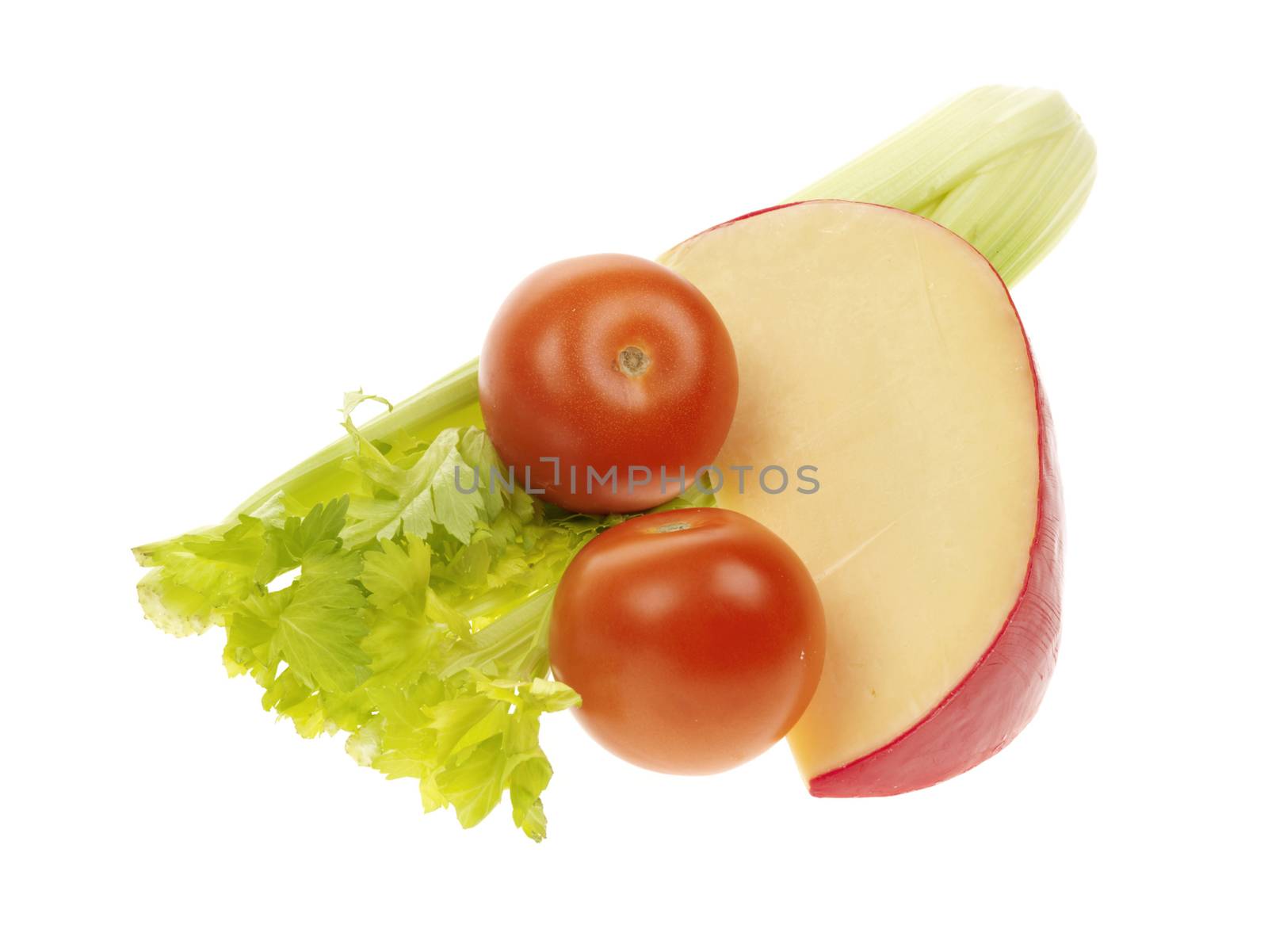 Edam Cheese with Celery and Tomatoes isolated white background
