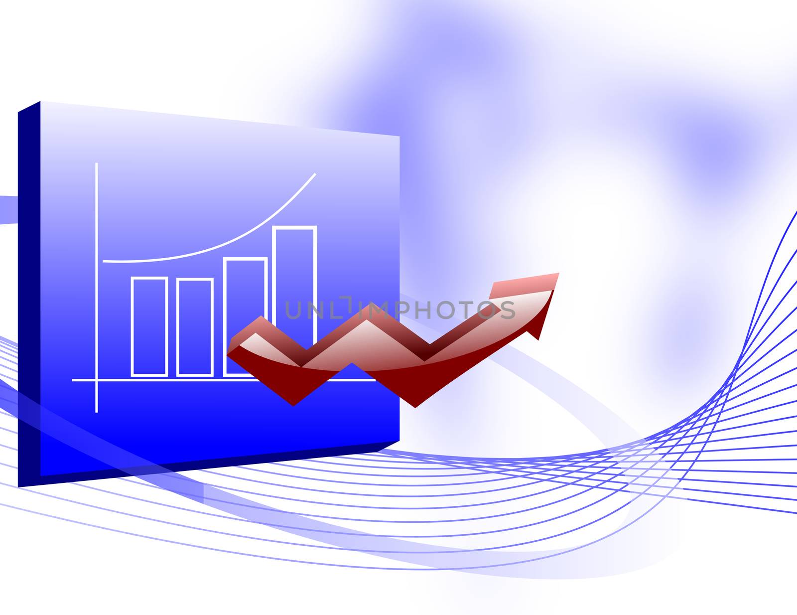 Business growth illustration with a bar chart displayed on a board and a 3d upward arrow coning out of it
