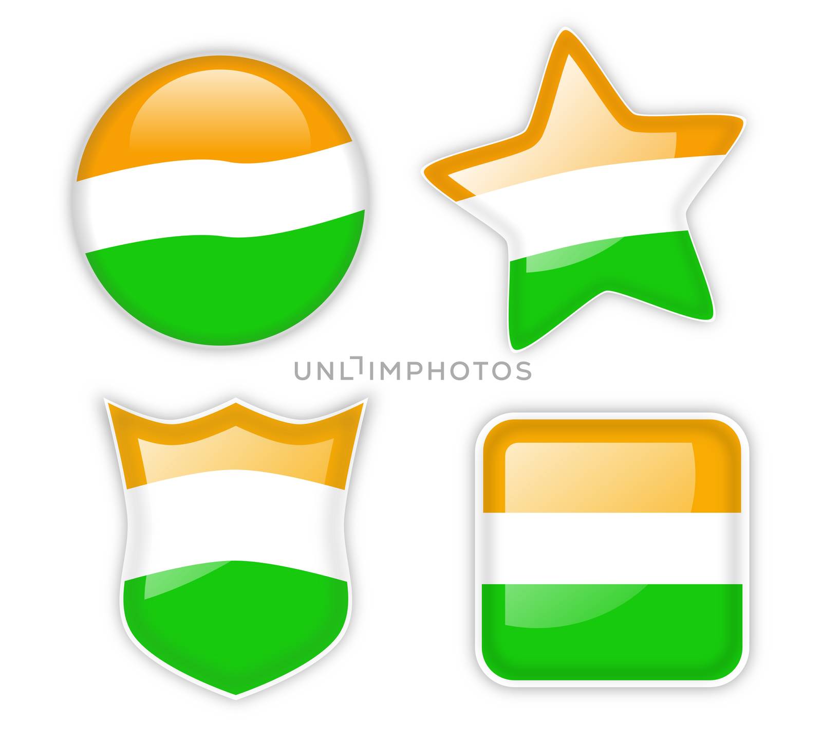 Set of four shiny badges with tricolor scheme of the Indian national flag
