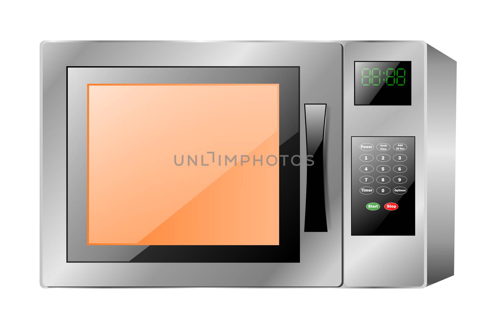 An illustration of a steel grey microwave cooking oven with its light on. 
