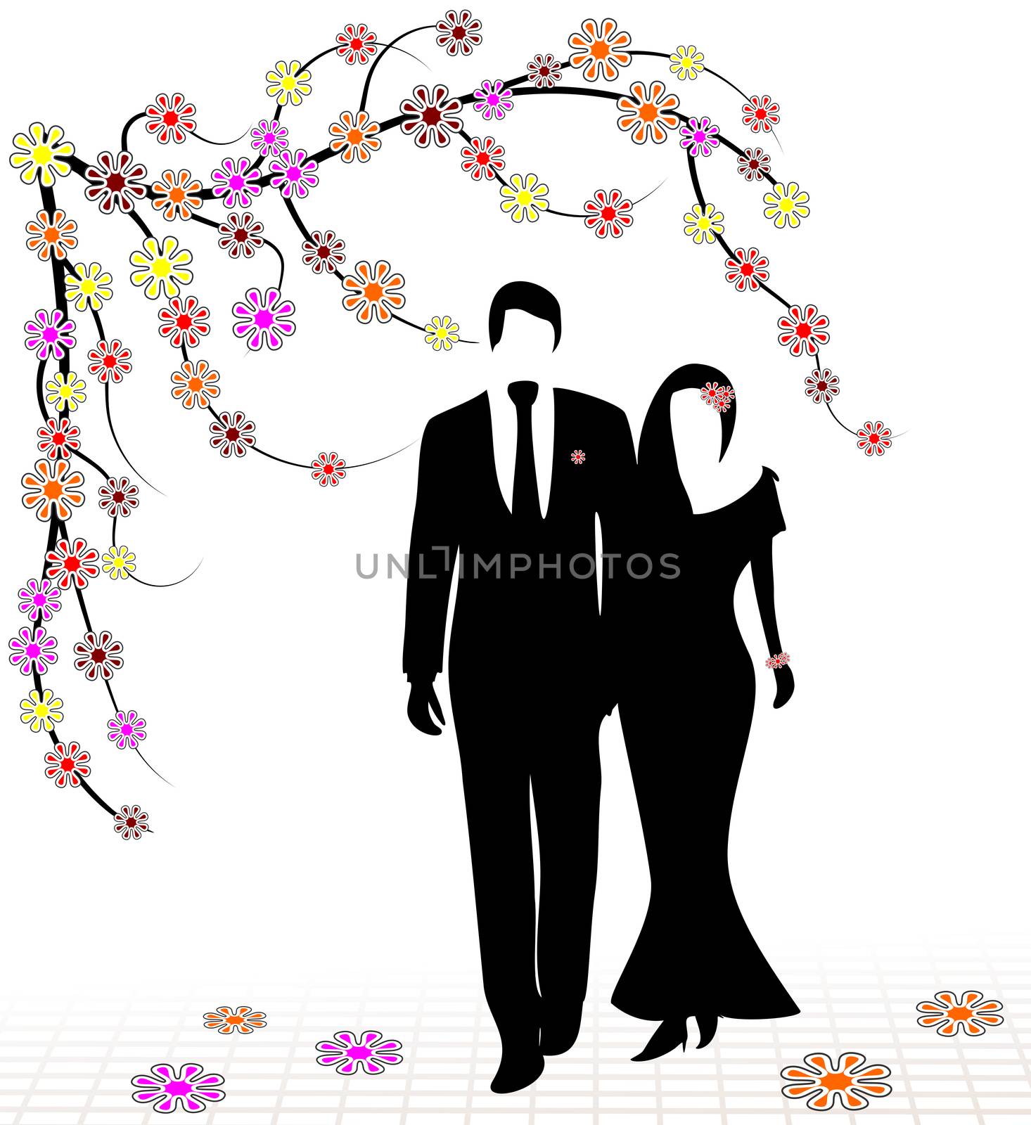 Spring wedding illustrated with silhouettes of a couple romantically posing under a branch full of flowers
