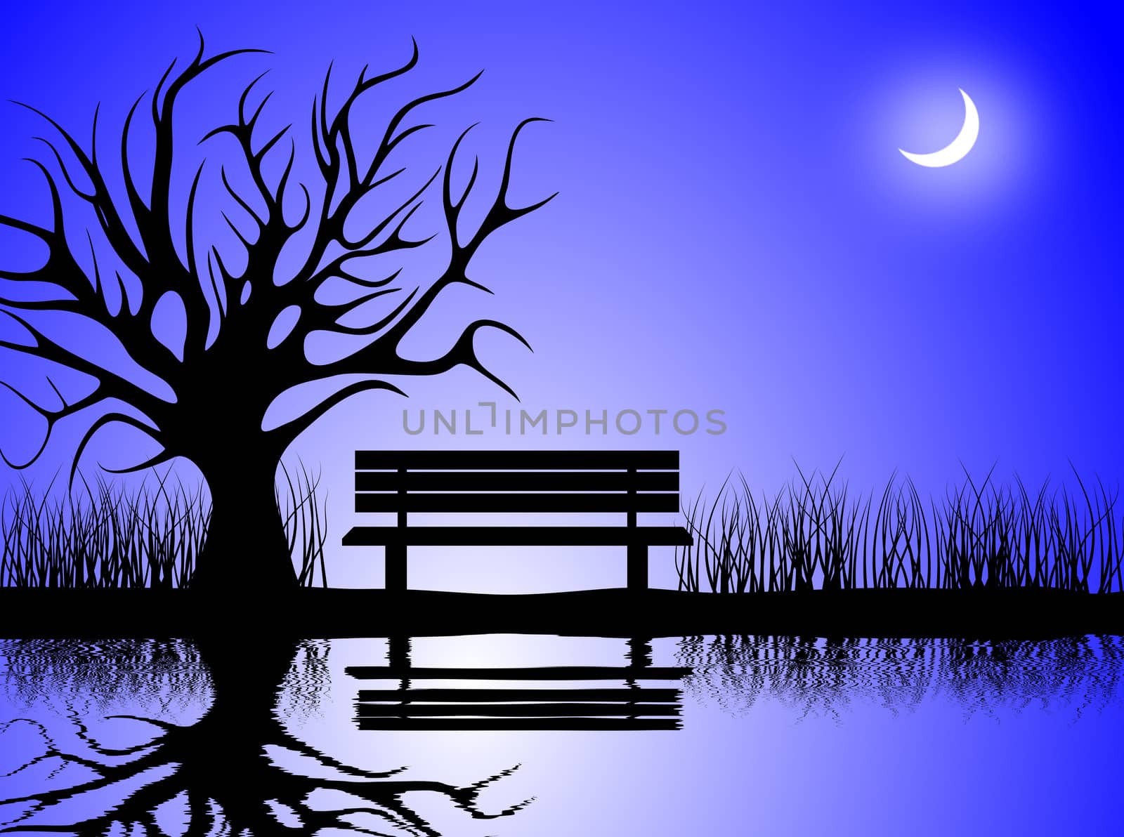 A cold winter moon lit night scene of a park with a bench and a withered tree
