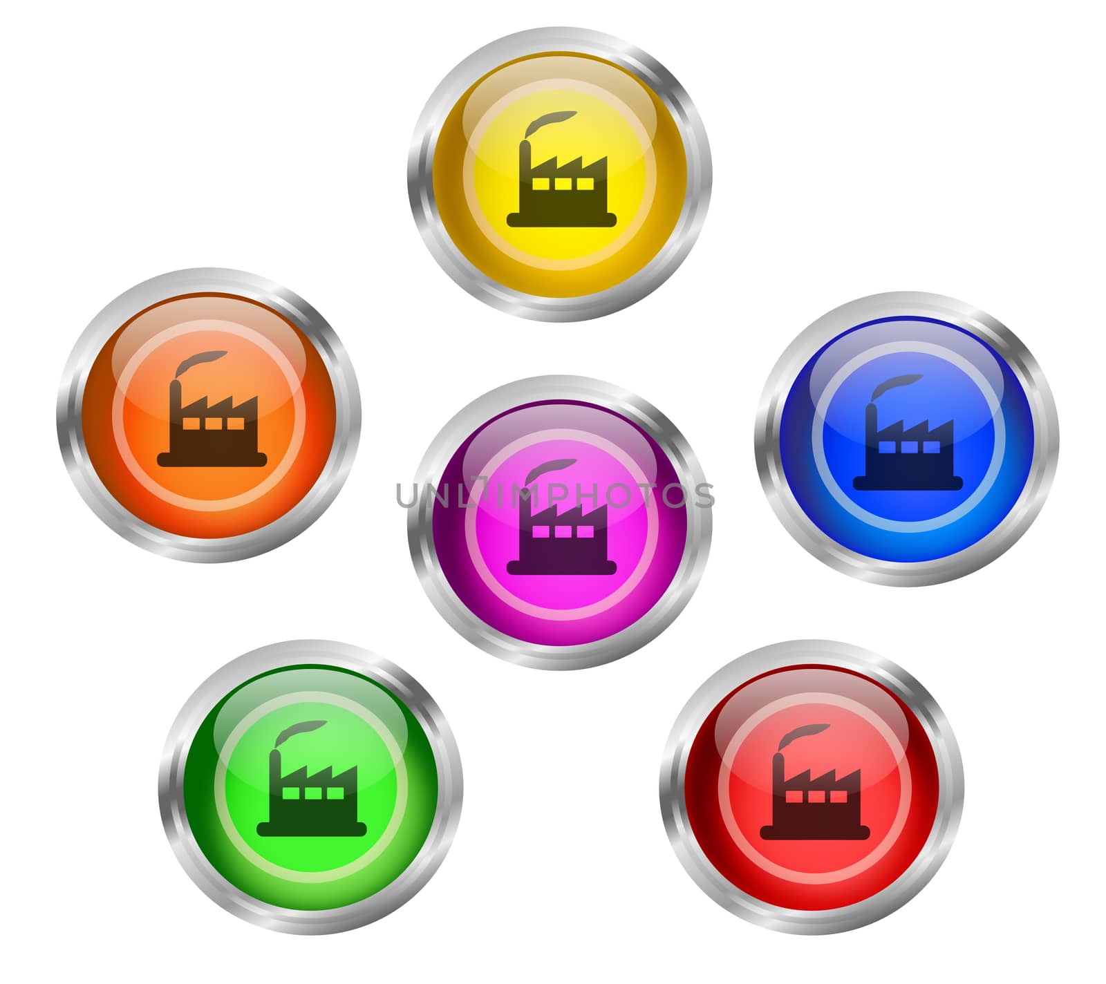 A set of shiny glass buttons with factory icon
