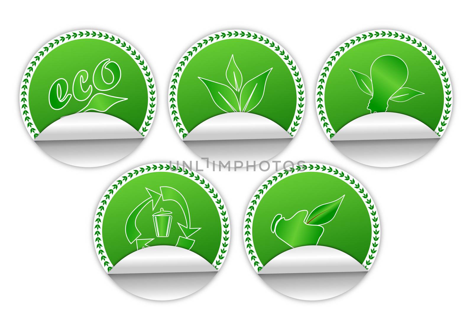 Set of five edge curl stickers to promote eco friendly ideas. The stickers can also be used for organic products. 

