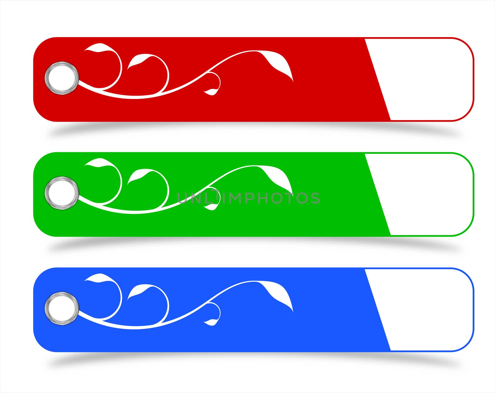 Horizontal product tags with floral theme in three colors - red, blue, green
