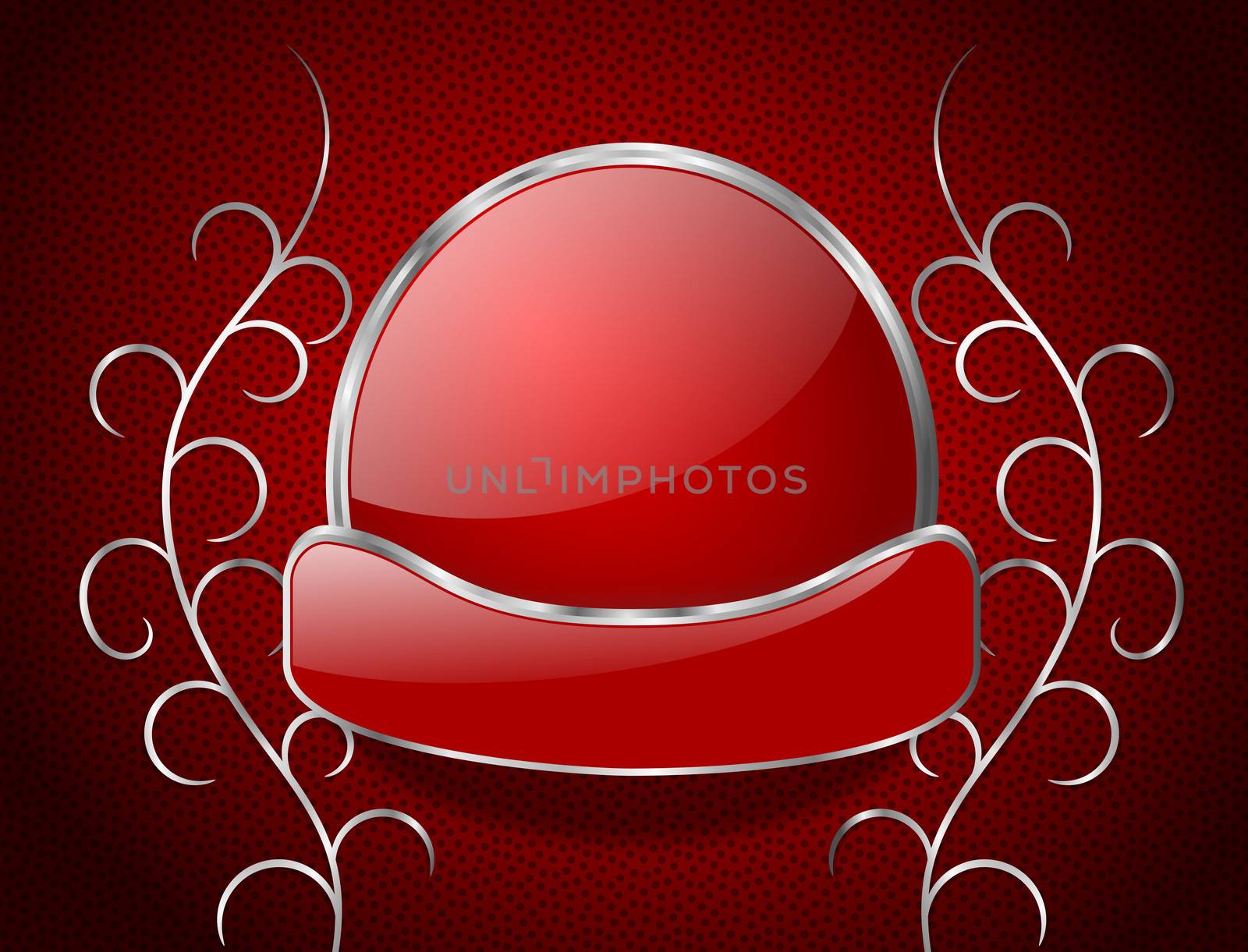 A round shiny badge and banner with a metal rim, with a red polka dotted and silver vines backdrop
