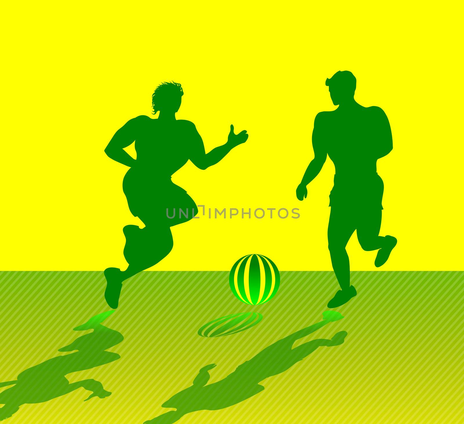 Silhouettes of two muscular men playing soccer, with yellow and green color scheme
