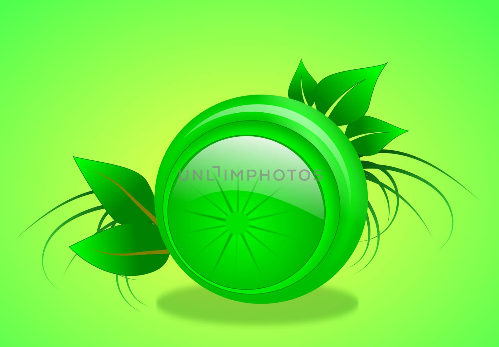 A green sphere enclosed in a protective casing and surrounded by green foliage with blank space for text message
