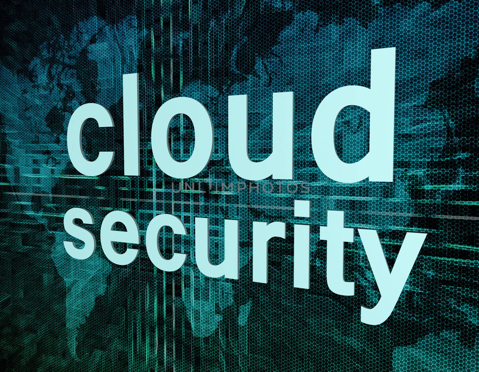 Cloud computing technology, networking concept: words cloud security on digital world map screen.