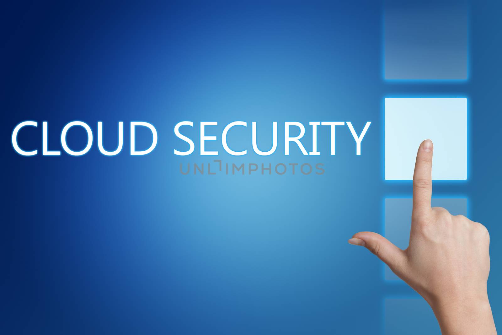 Cloud computing technology, networking concept: words cloud security on digital touchscreen.