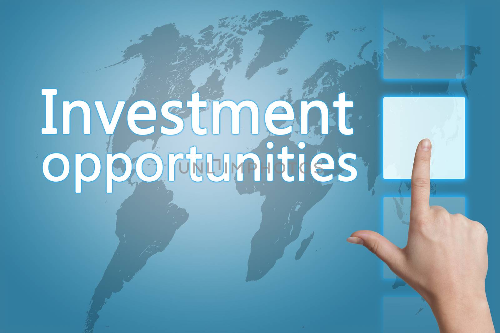 Business concept: words Investment opportunities on digital world map screen