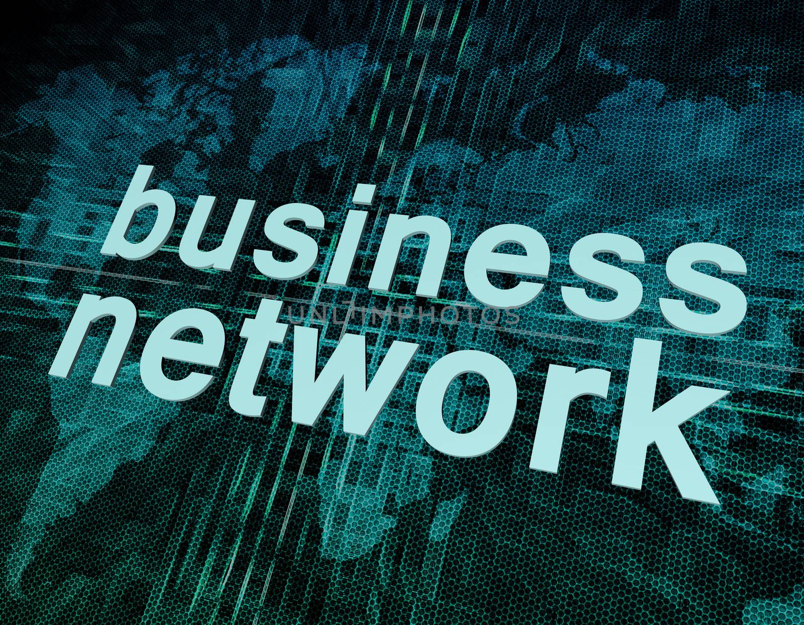 Business concept: words business network on digital world map screen