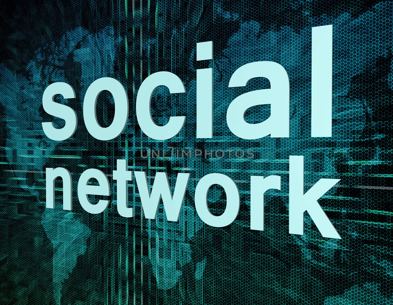 Words social network on digital world map screen