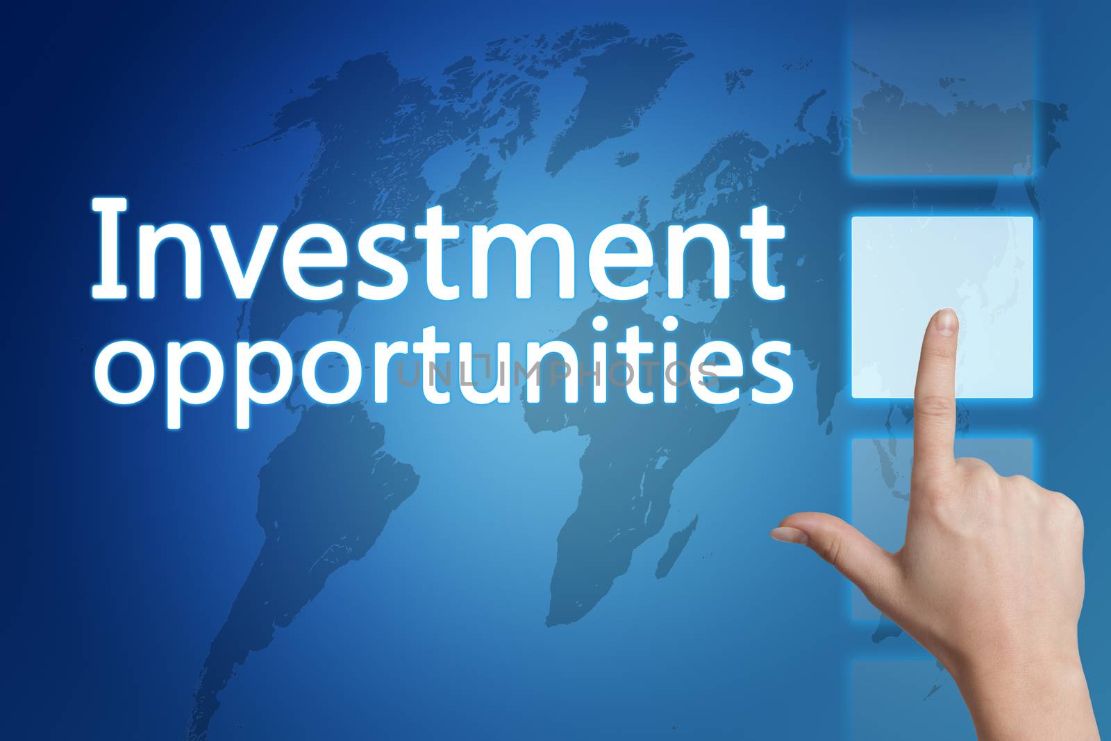 Business concept: words Investment opportunities on digital world map screen