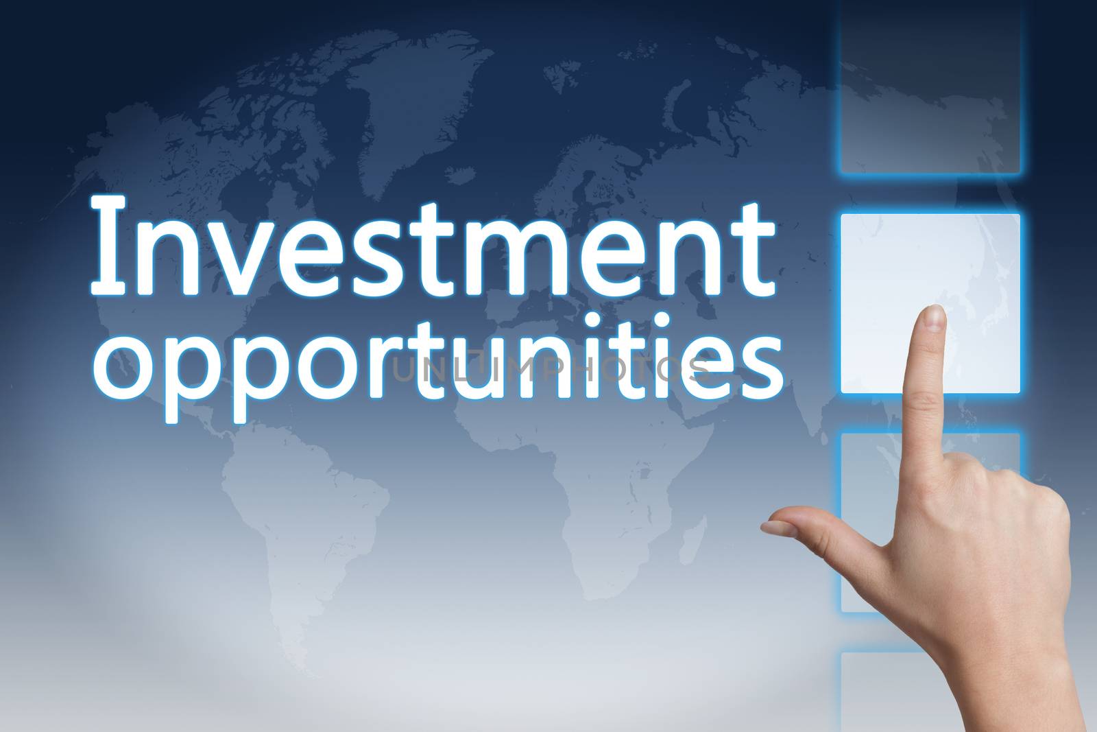 Business concept: words Investment opportunities on digital world map screen