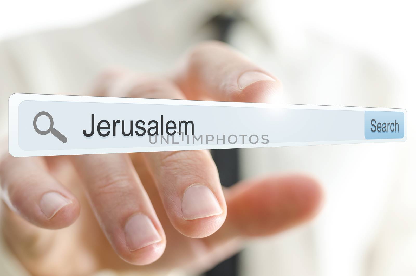 Word Jerusalem written in search bar on virtual screen.