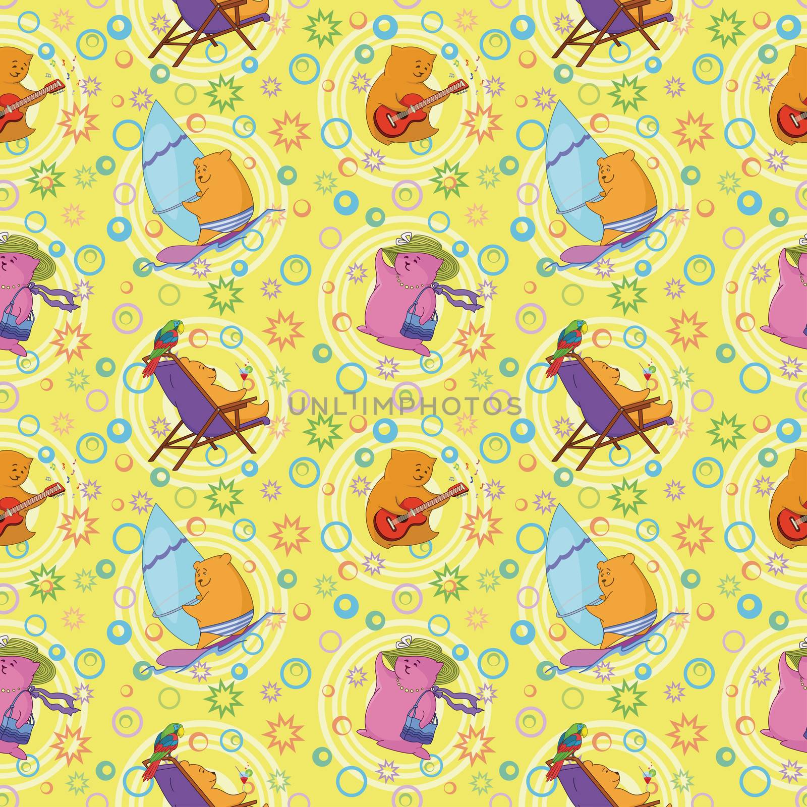 Seamless background, cartoon toy animals and abstract pattern.