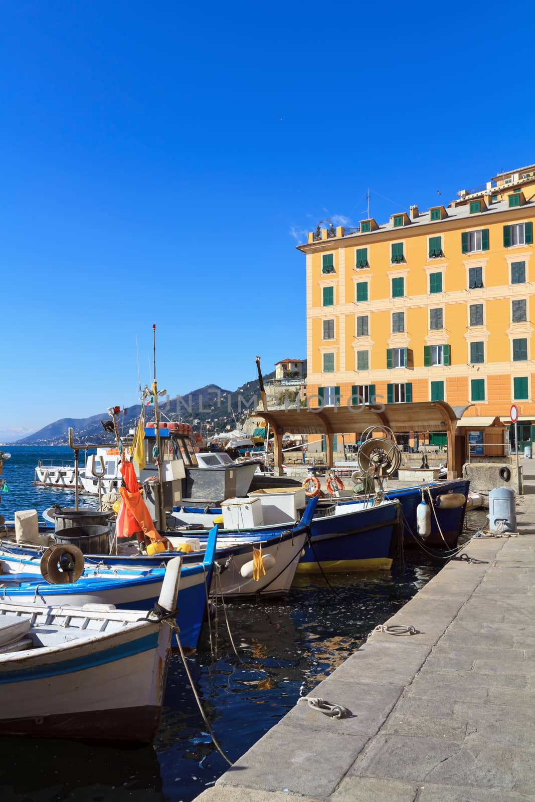 small harbor with fishing boats in Camogli, Liguria, Italy