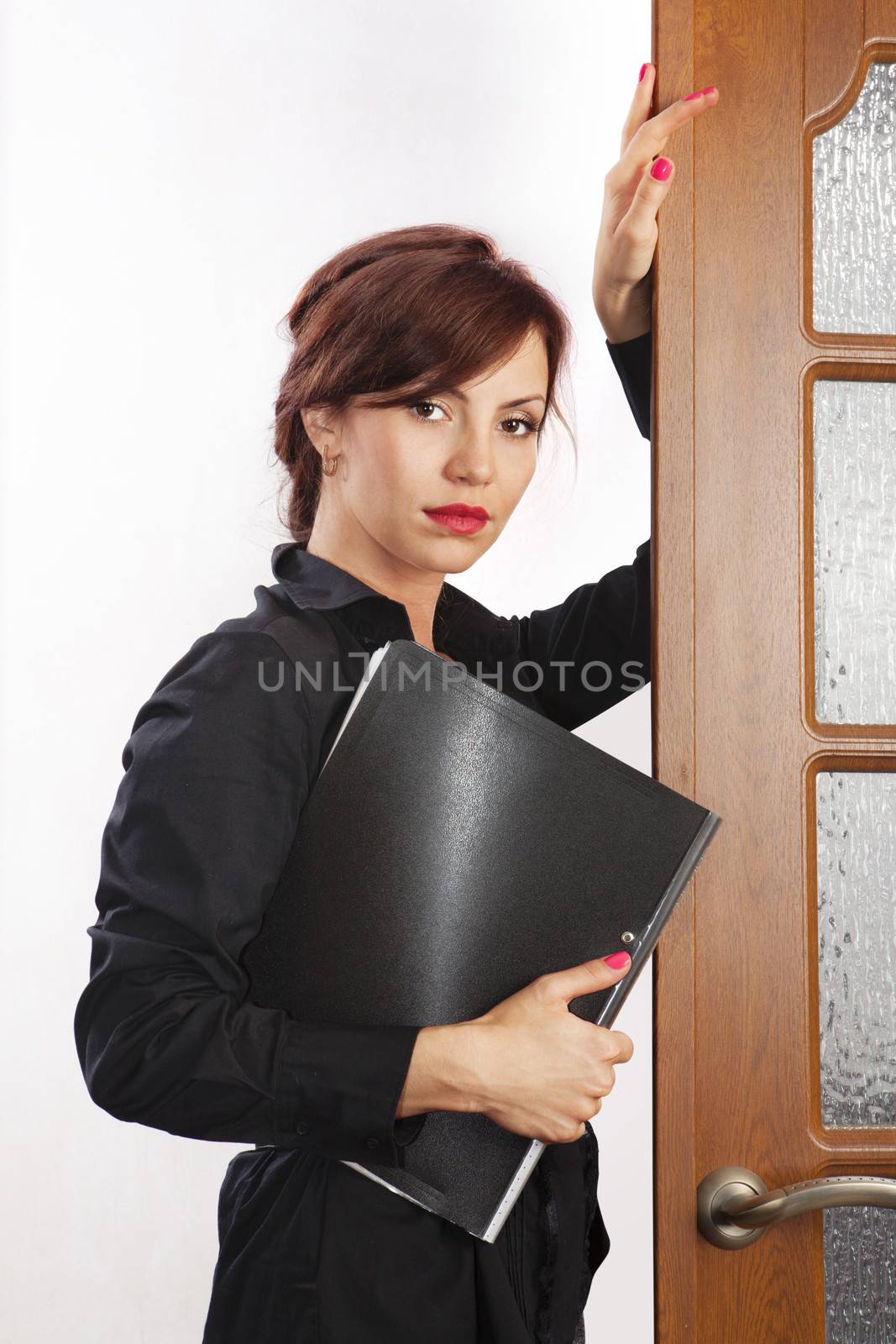 Woman office worker portrait isolated on white background, young female bank employee