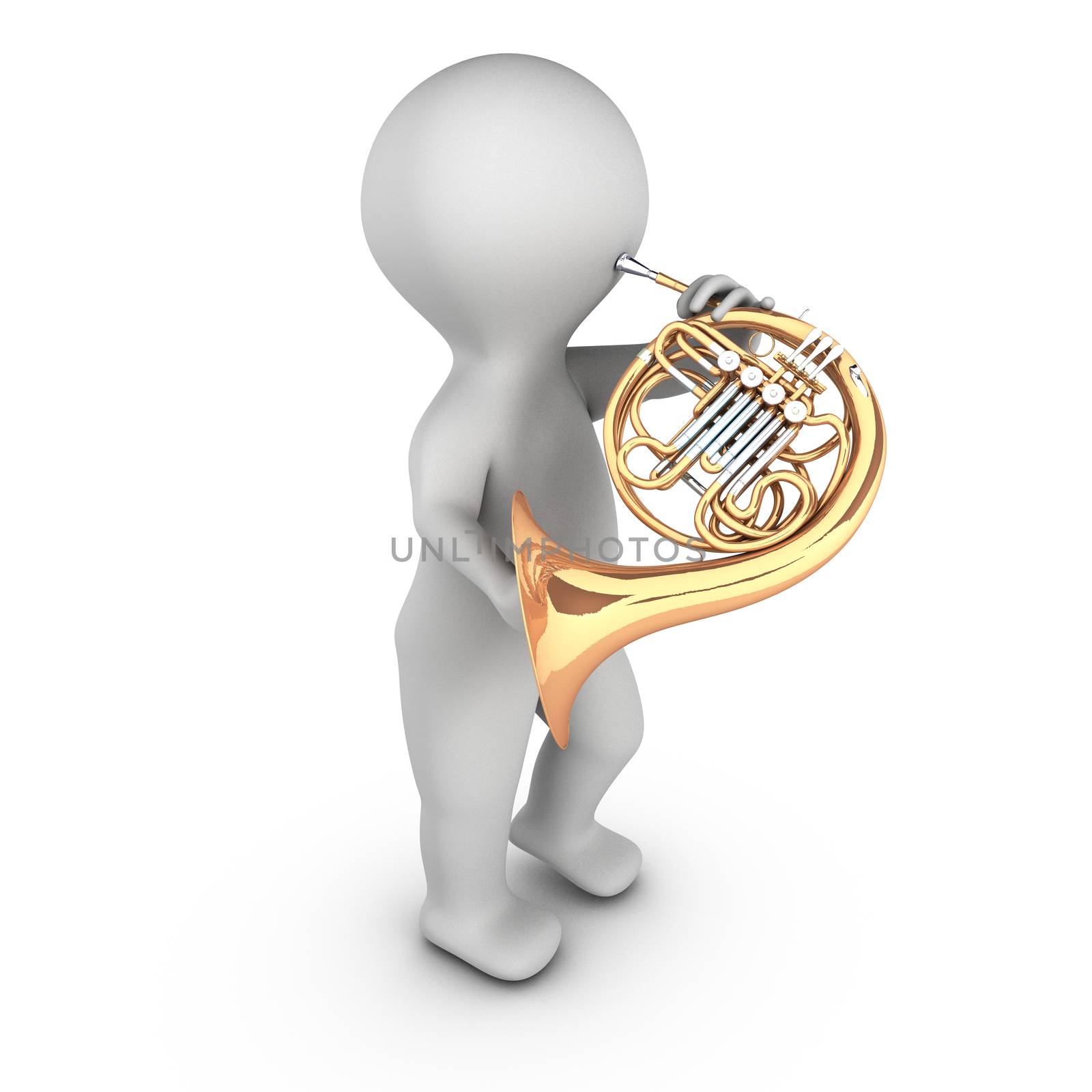 A 3D character playing french horn (corniste). The french horn is a wind instrument.