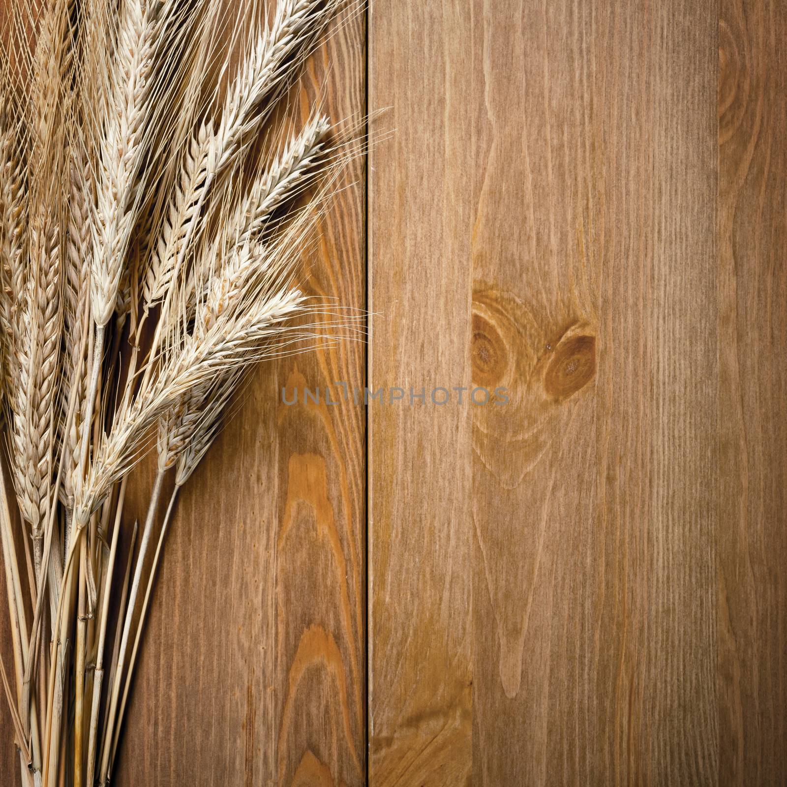 Wheat ears on wooden table background. Top view