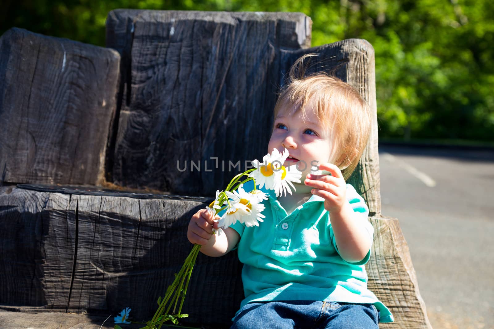 A young boy plays with some flowers while sitting on a hand carved seat made from an old stump.