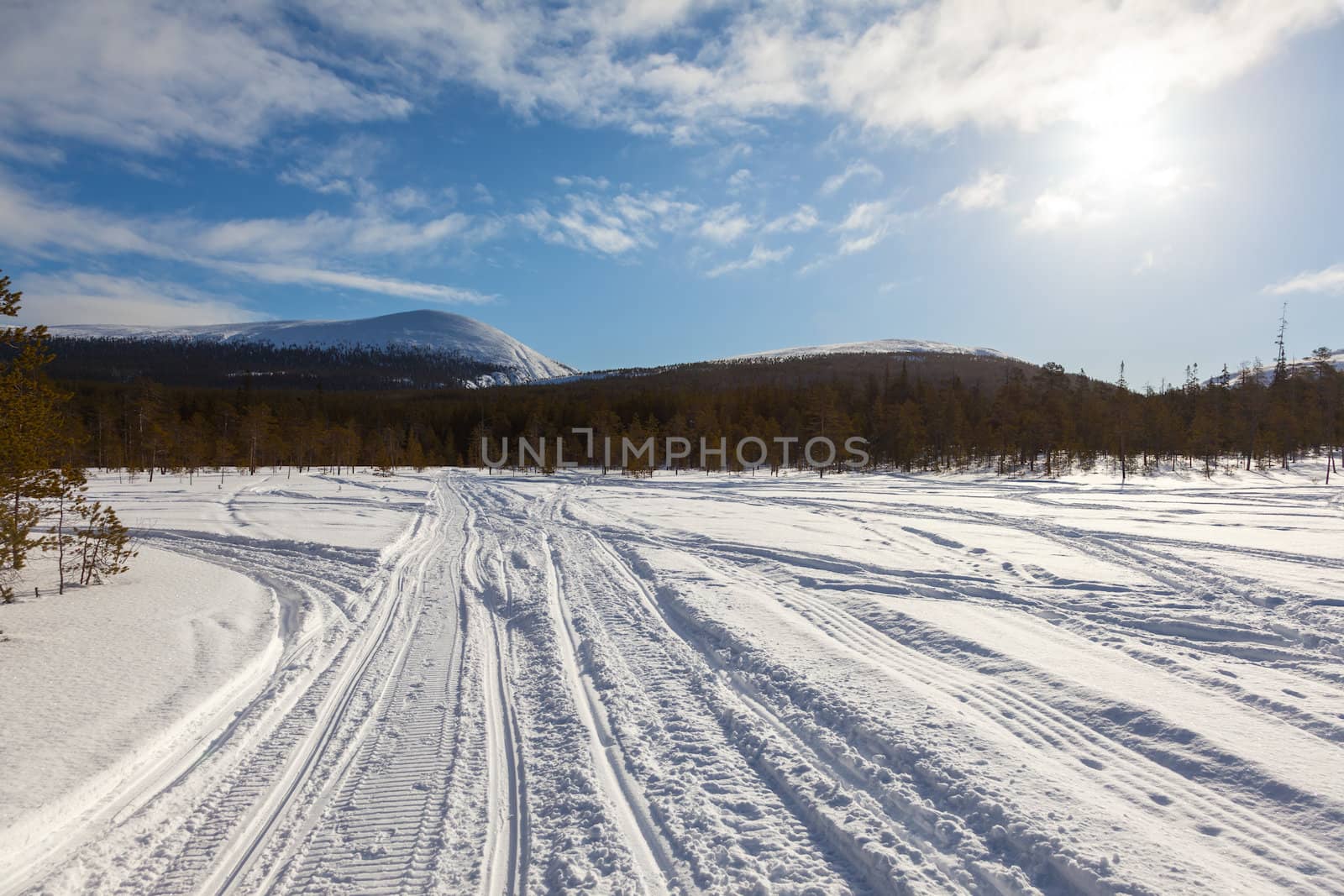 Traces of snowmobiles on forest clearing mountains in the background on a sunny winter day