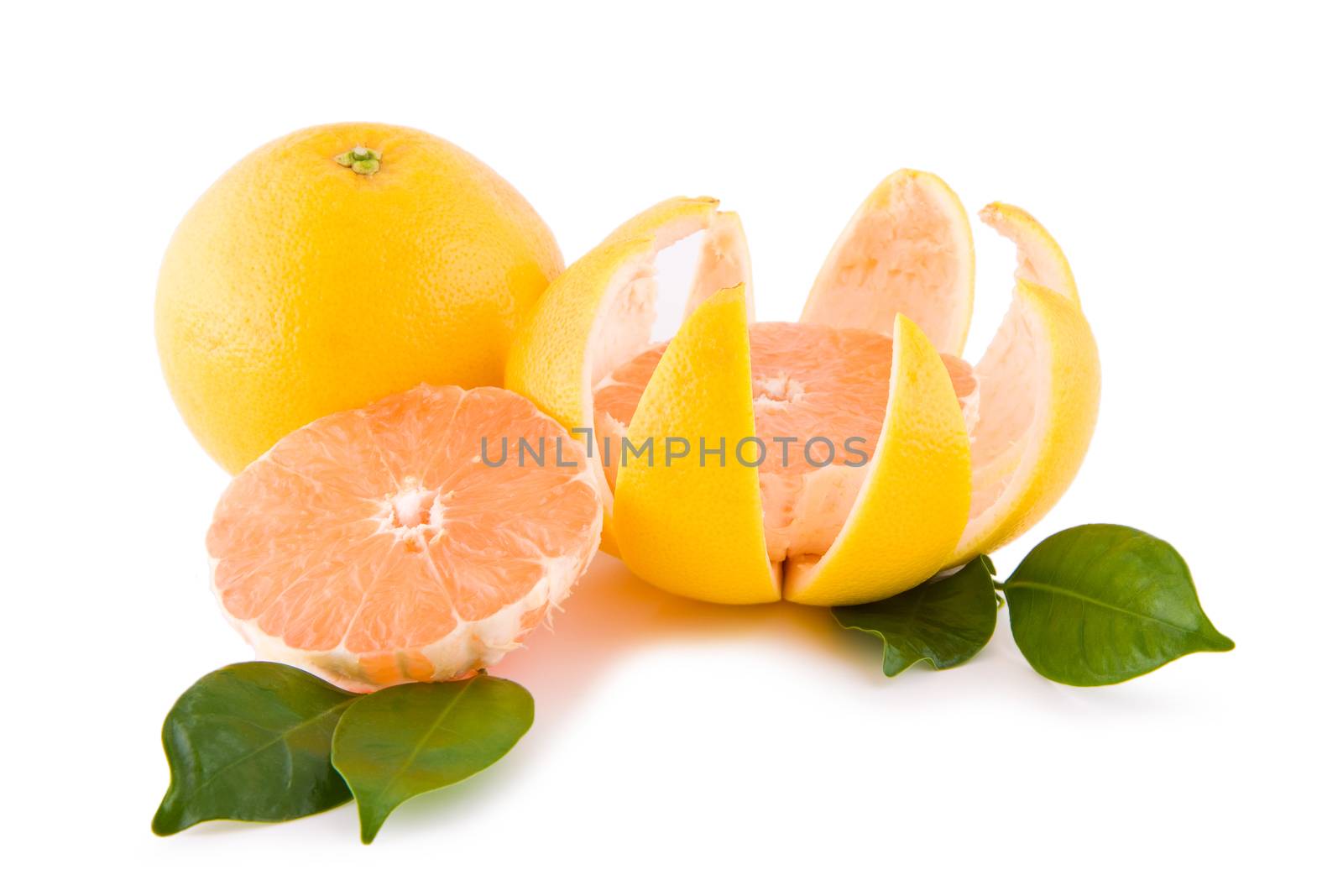 Fresh red grapefruits with leafs isolated on white