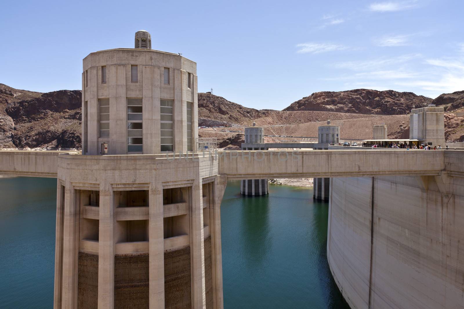 Hoover Dam electrical power plant  and tourists Nevada.