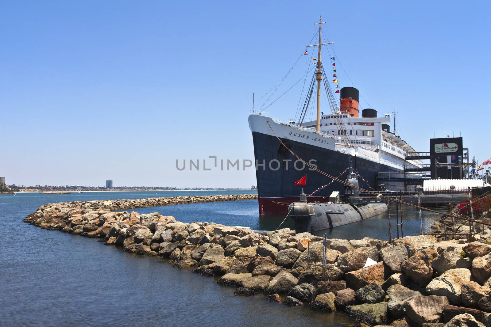 The Queen Mary ship moored in Long Beach California.