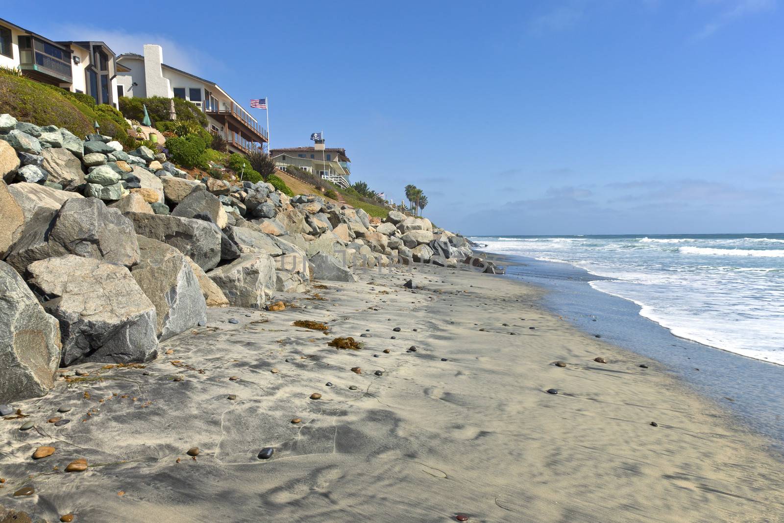 Stacks of large rocks erosion control California beaches.