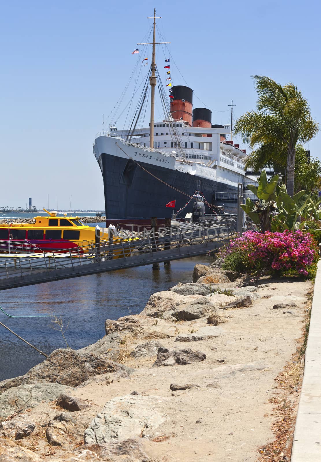 The Queen Mary ship moored in Long Beach California.