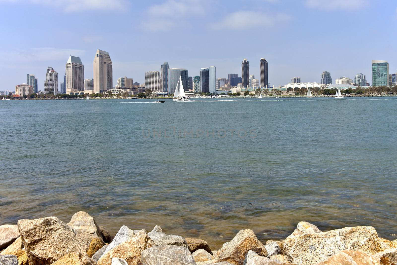 San Diego skyline and sailboats on the waterfront California.