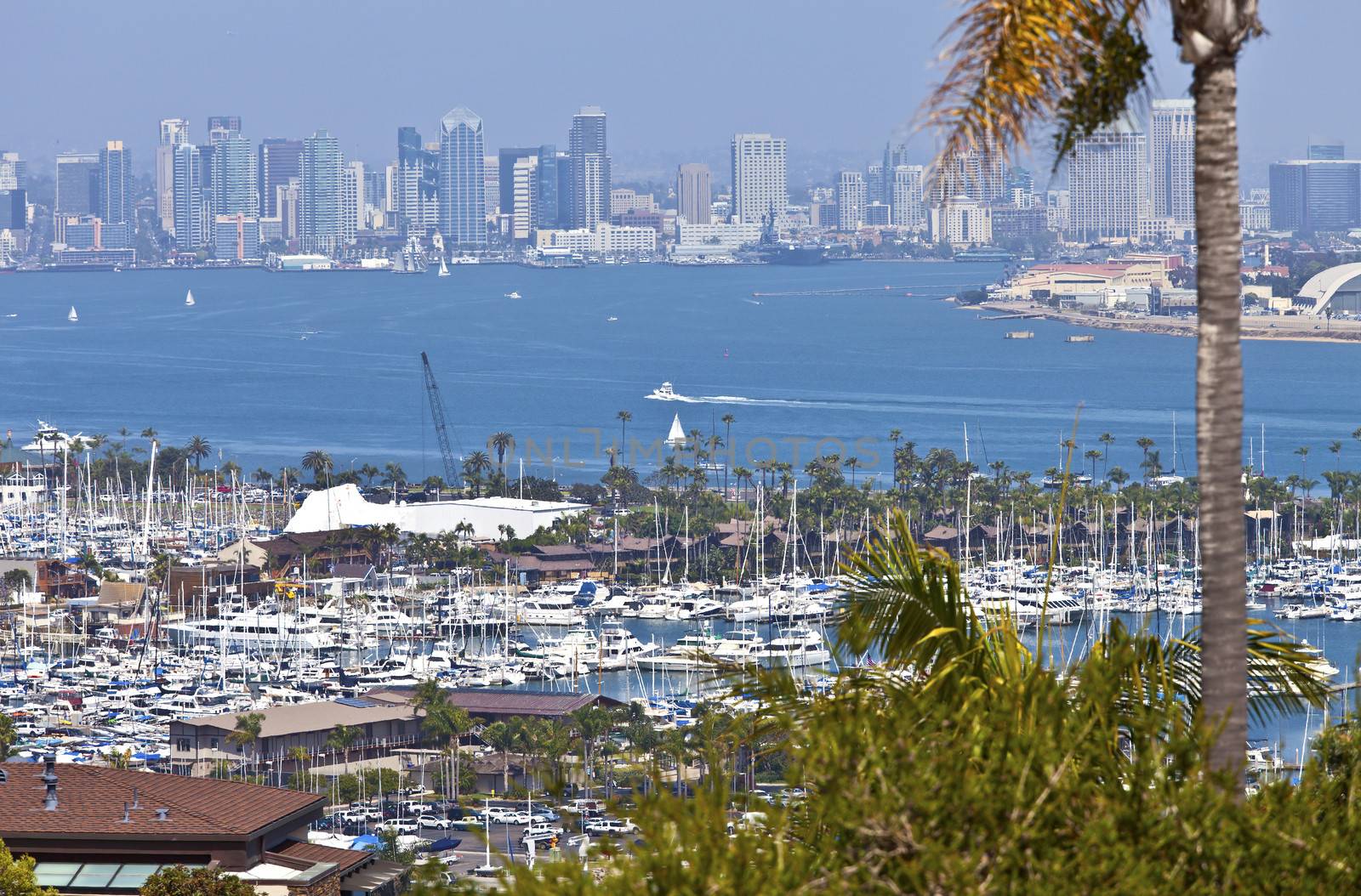 View of San Diego skyline hazy atmosphere from Point Loma Island California.