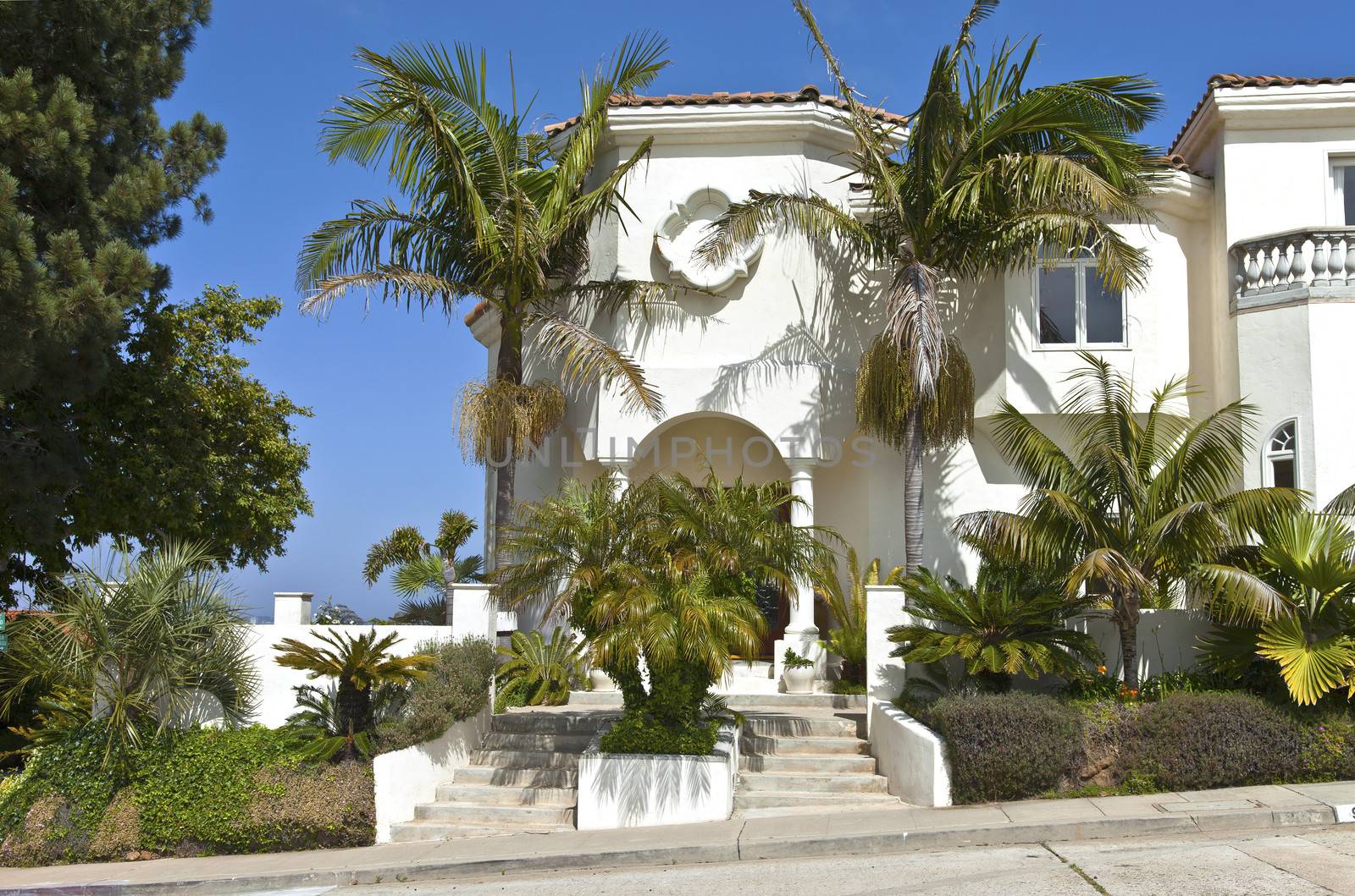 Large white house decorated with palm trees.