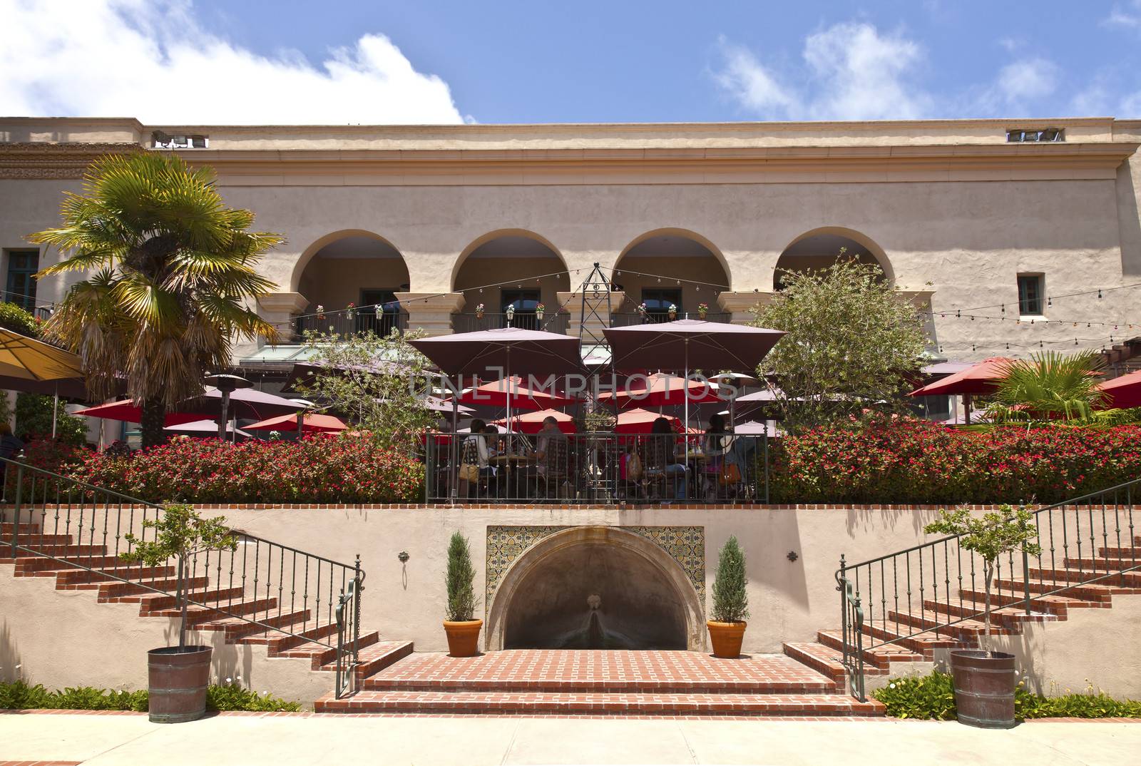 Balboa Park outdoor dining under the umbrella's shade San Diego california.