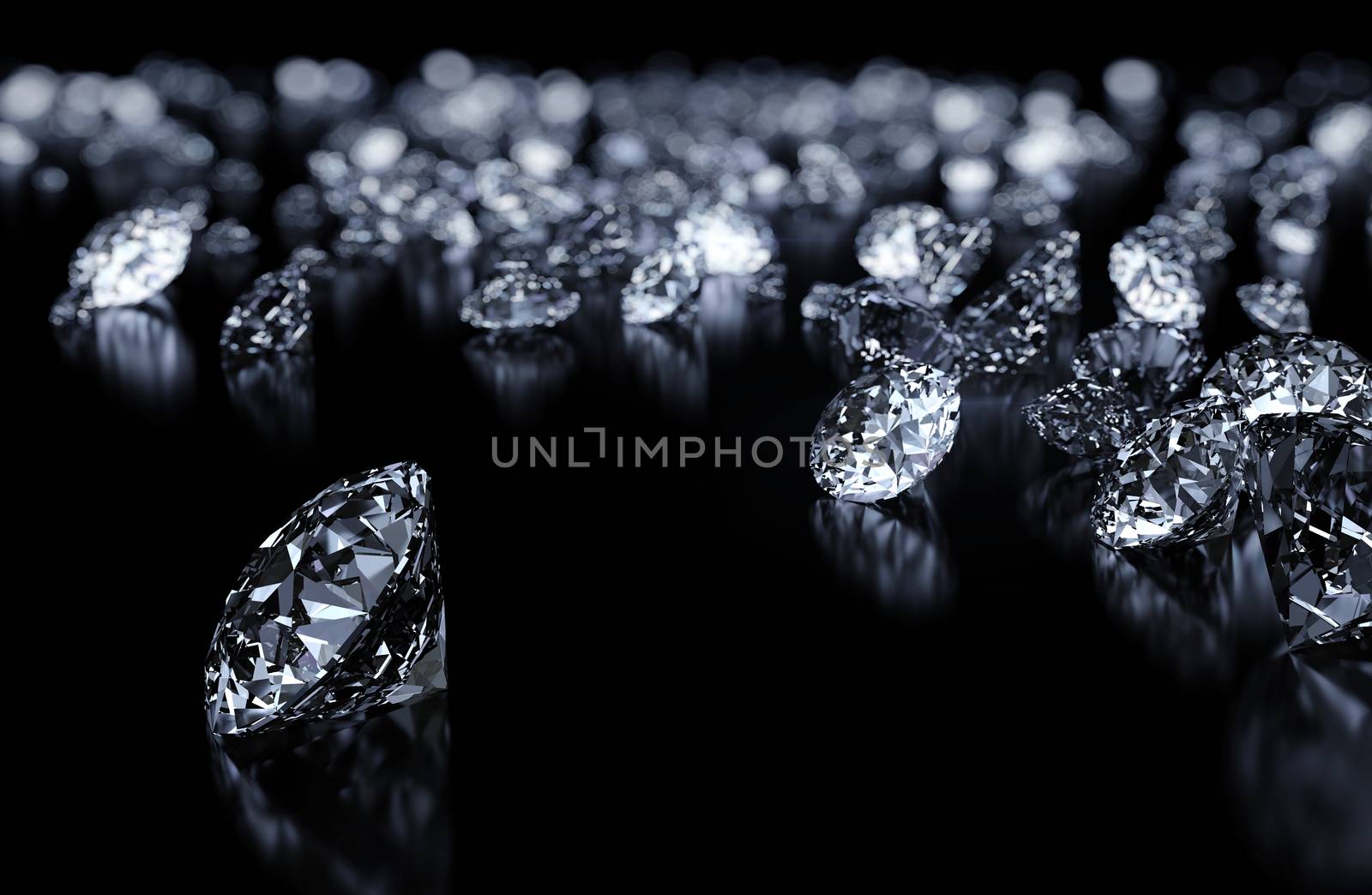 Luxury 3D diamonds render on black backgorund with DOF