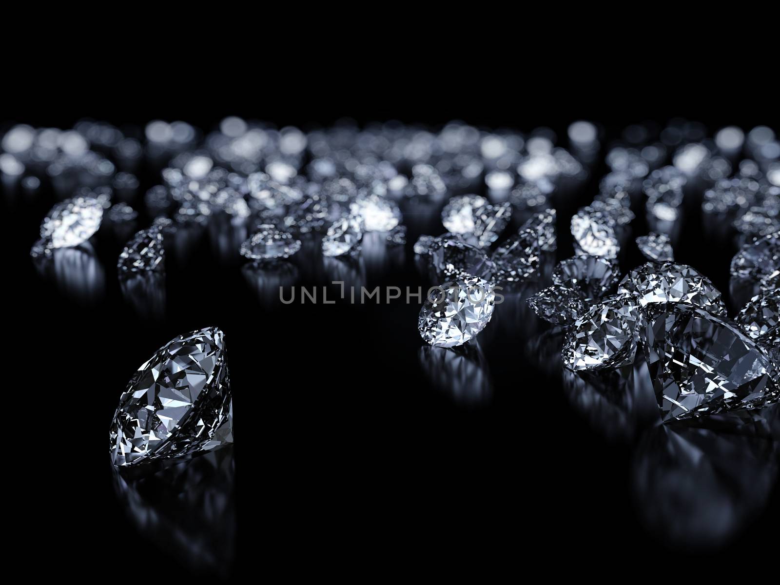 Luxury 3D diamonds render on black backgorund with DOF