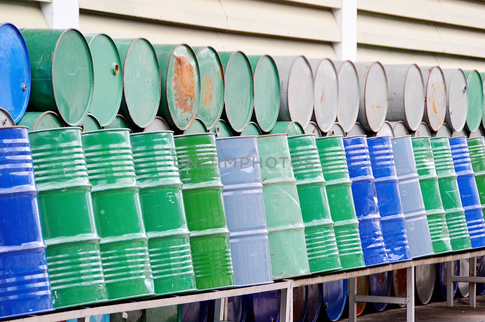 oil barrel stack in row in factory