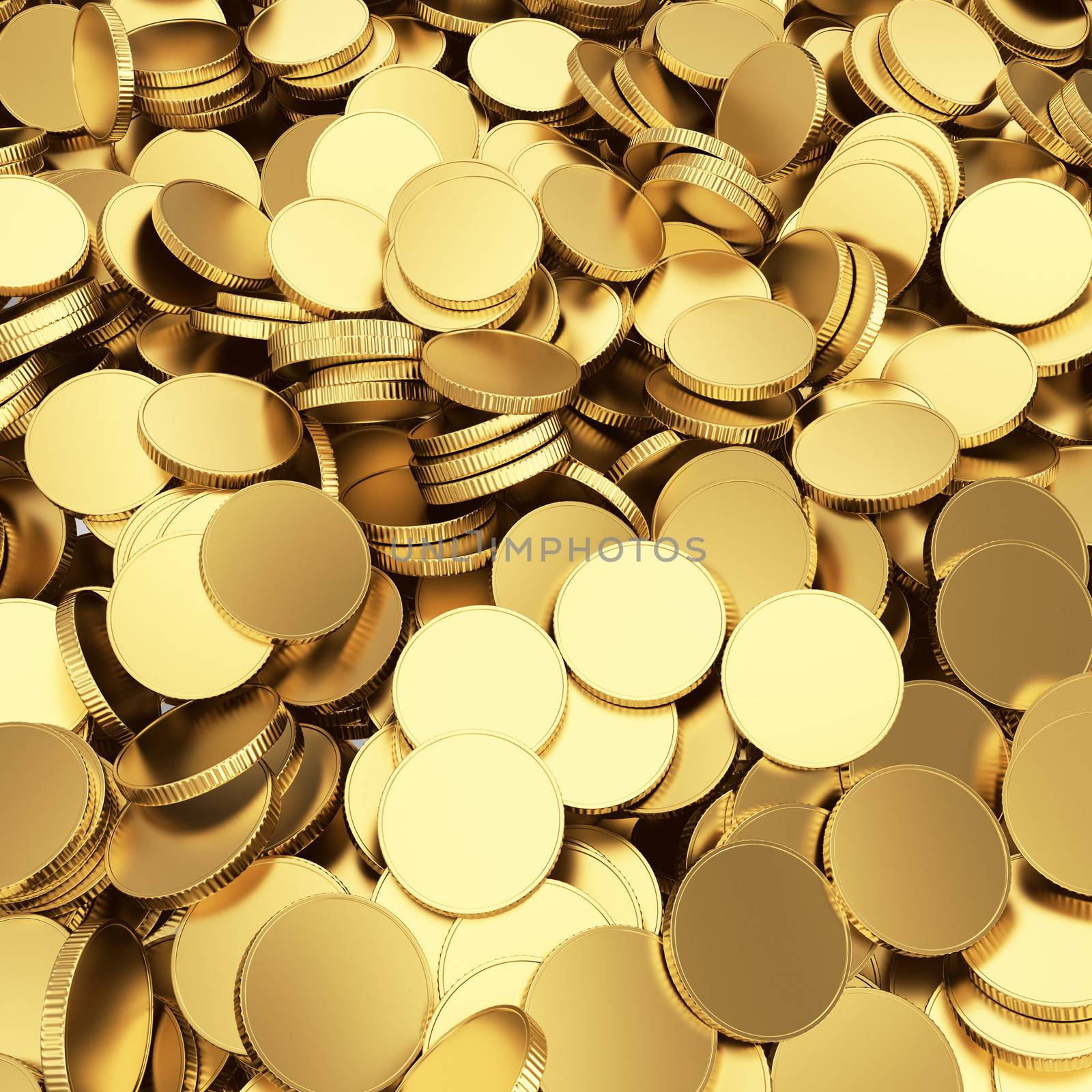 Golden shining blank coins renders - 3D background