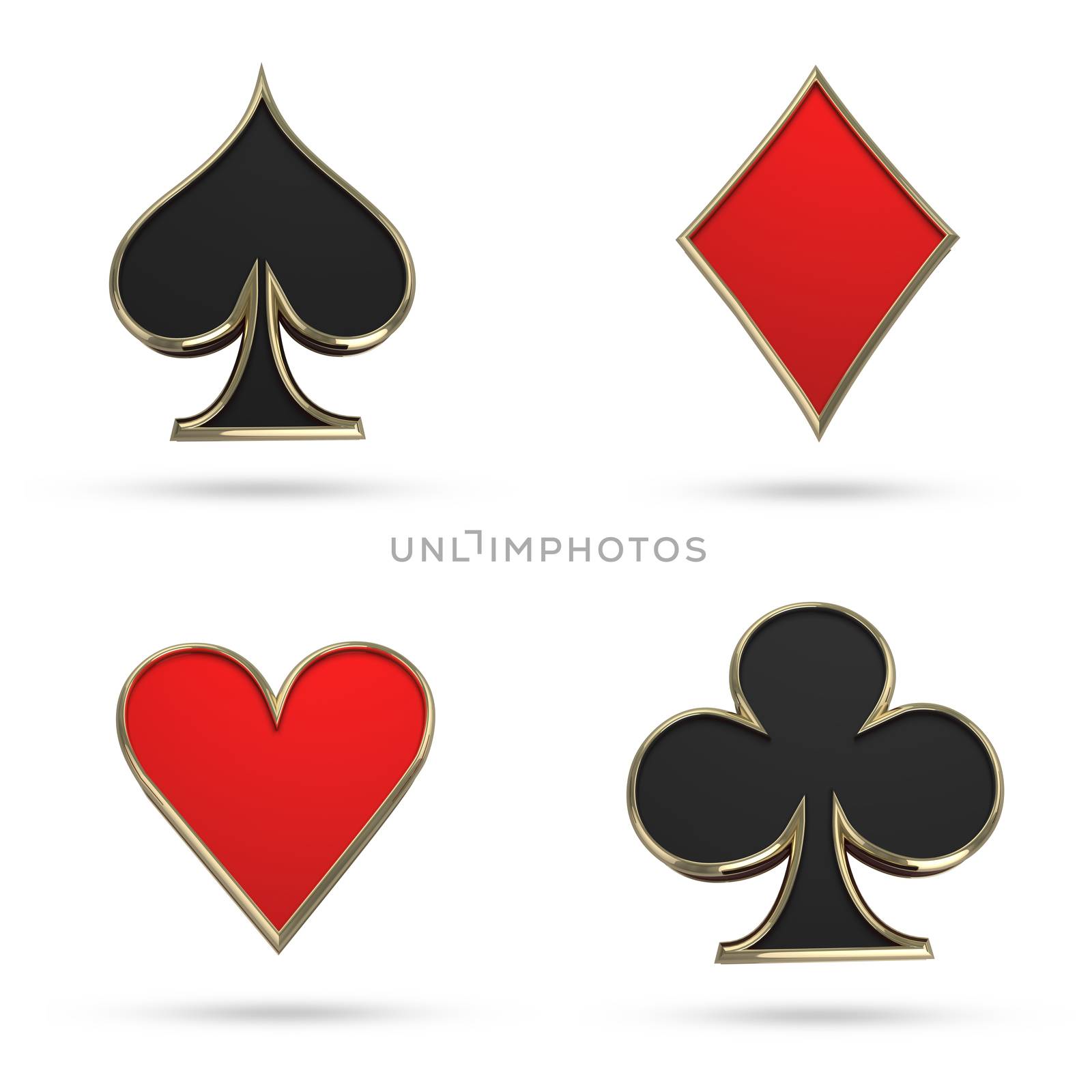 3D Spades, Hearts, Diamonds, Clubs symbols isolated on white