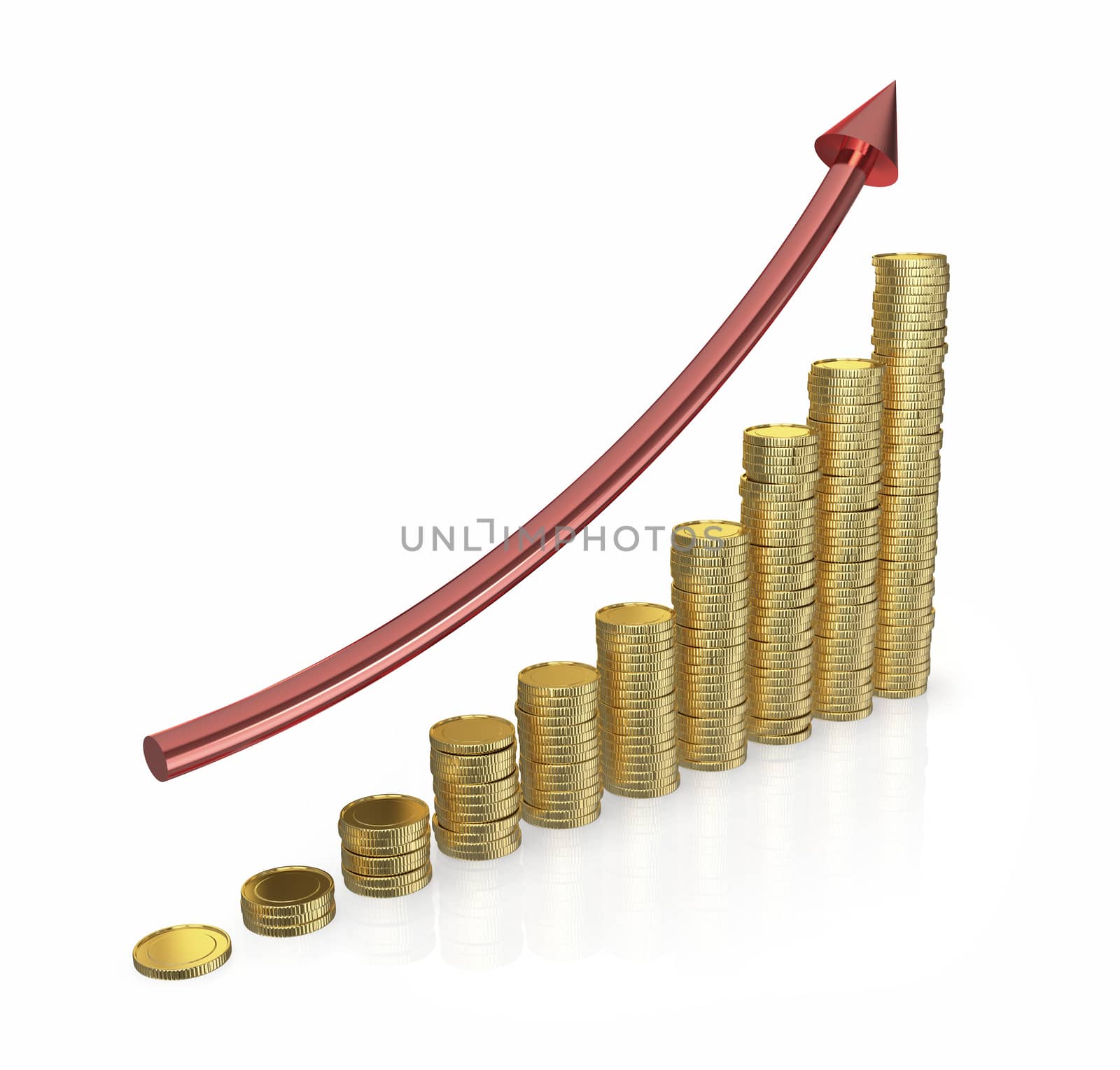 Golden coins column graph isolated on white background with clipping path
