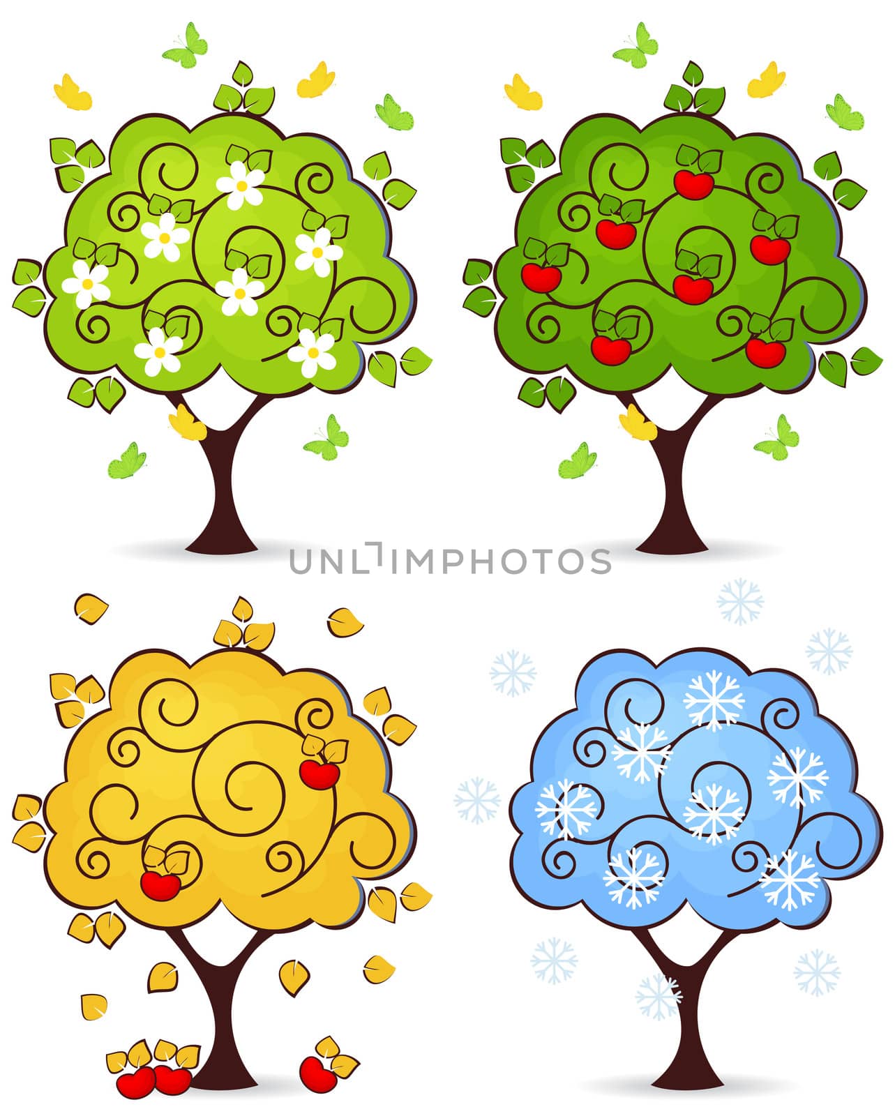 Four seasons of spring, summer, autumn, winter in a tree isolated on white background