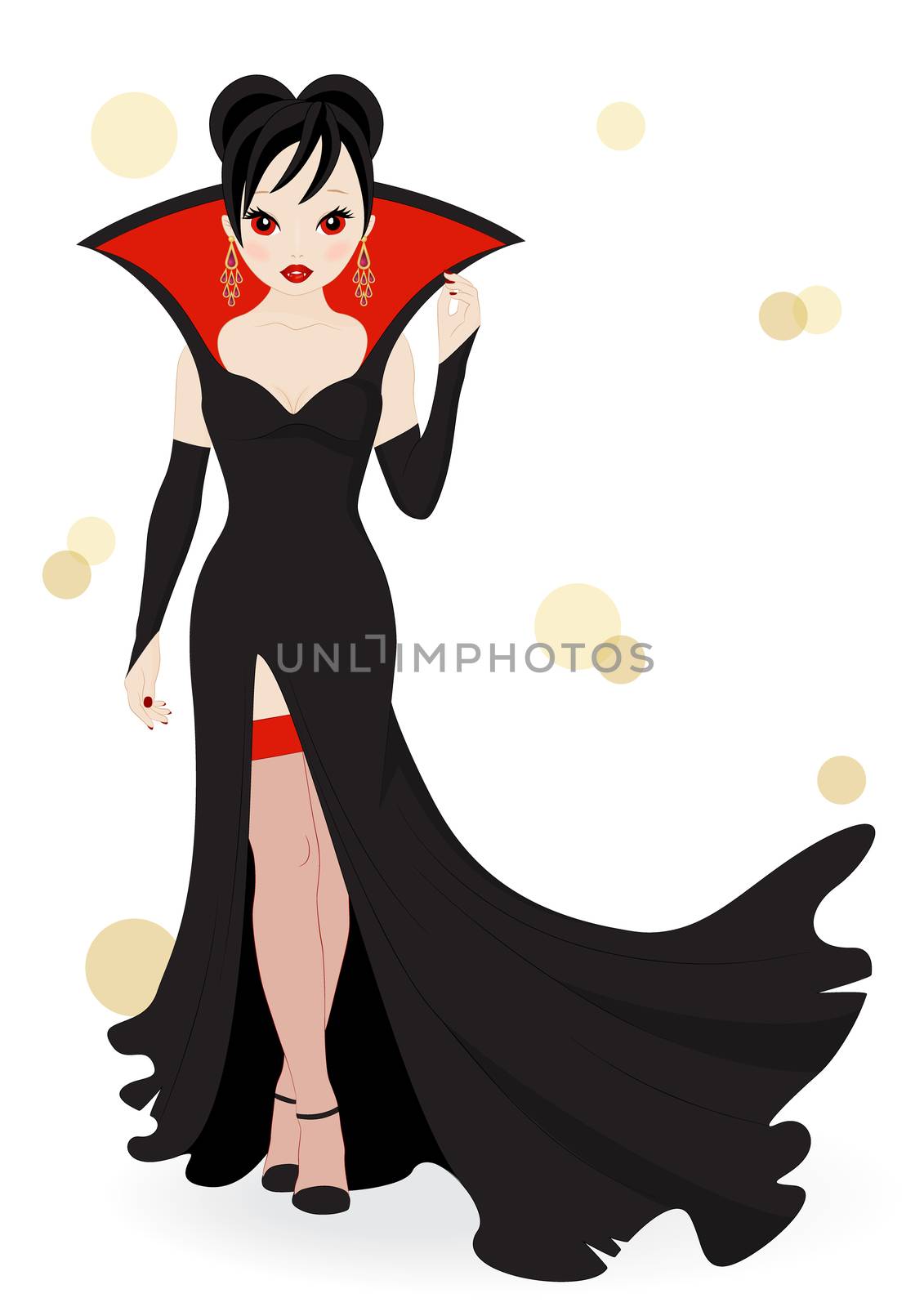 vampire girl in a long black dress isolated on white background