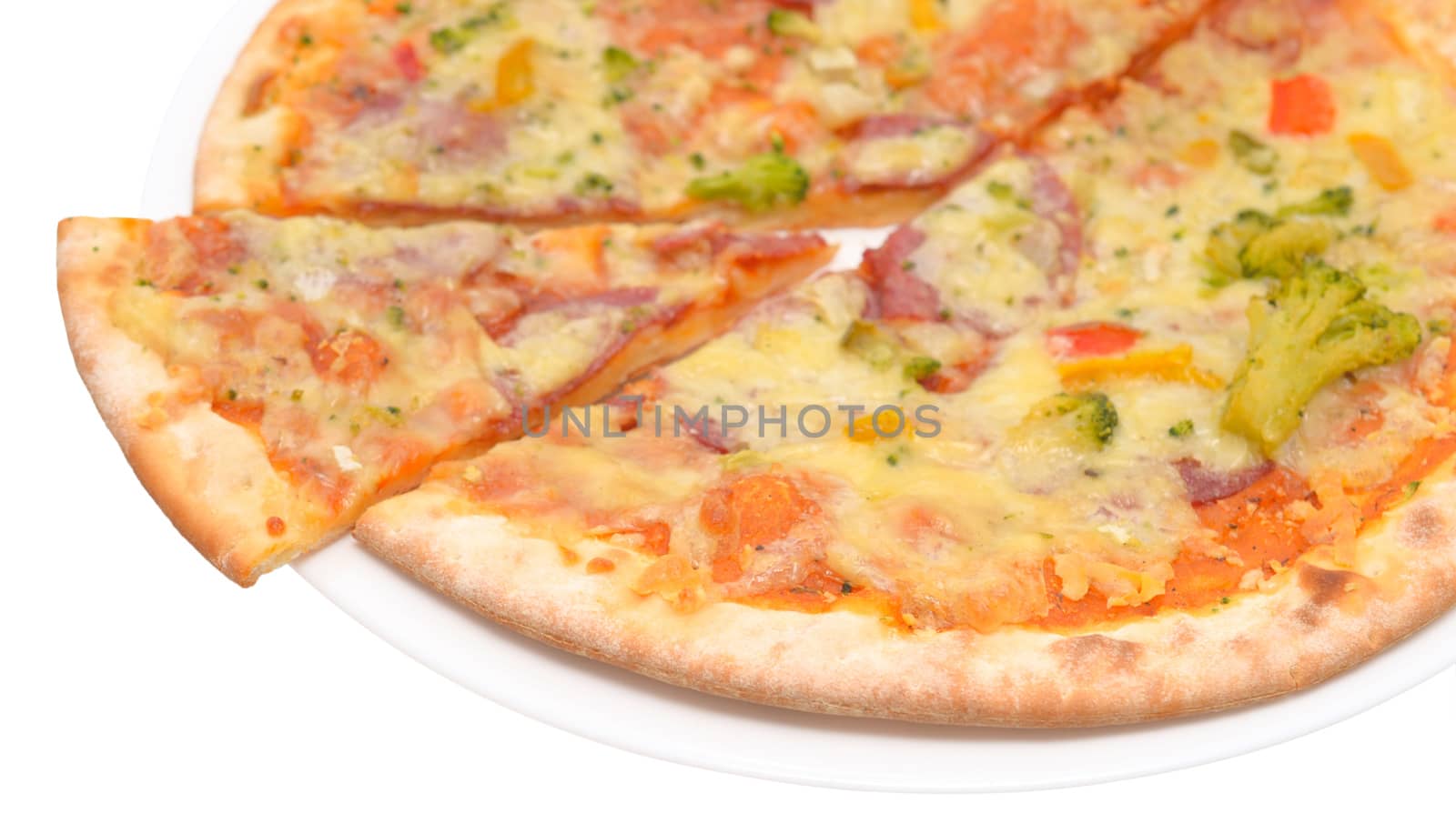 pizza in dish isolated on a white background 