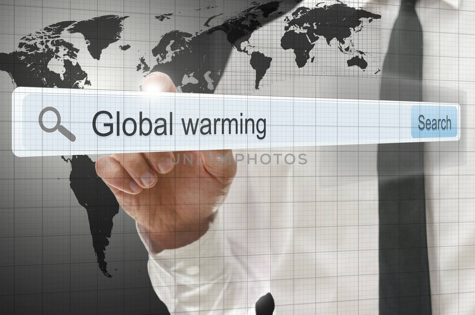 Global warming written in search bar on virtual screen.