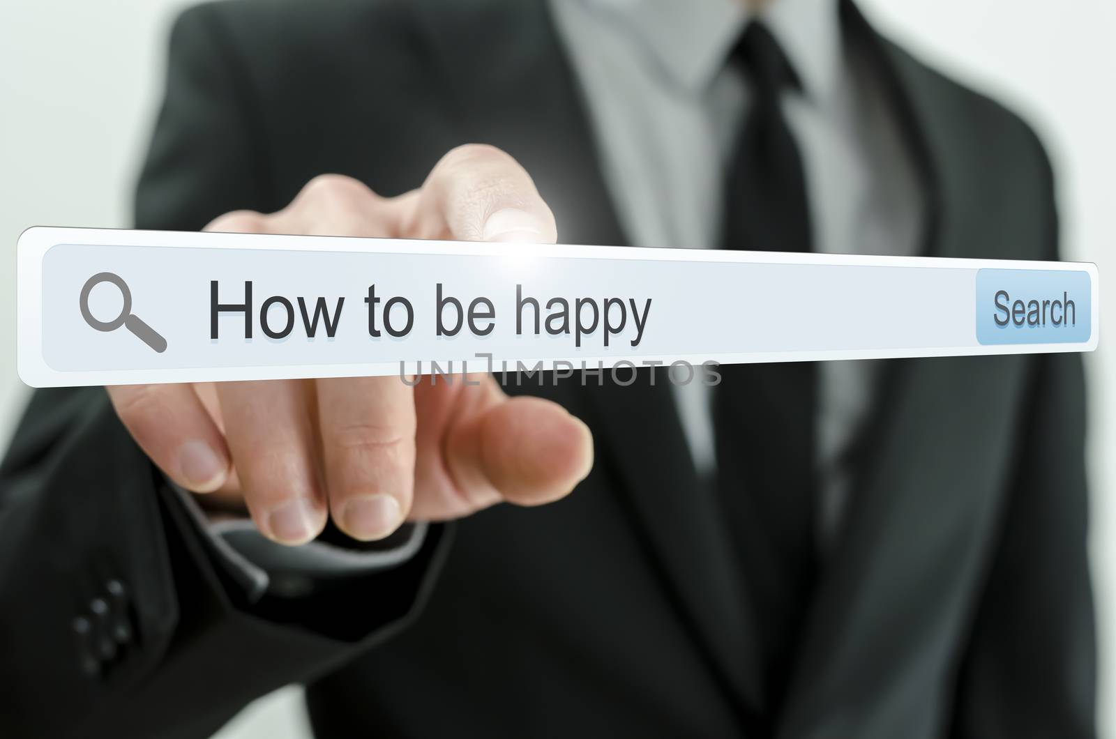How to be happy written in search bar on virtual screen.